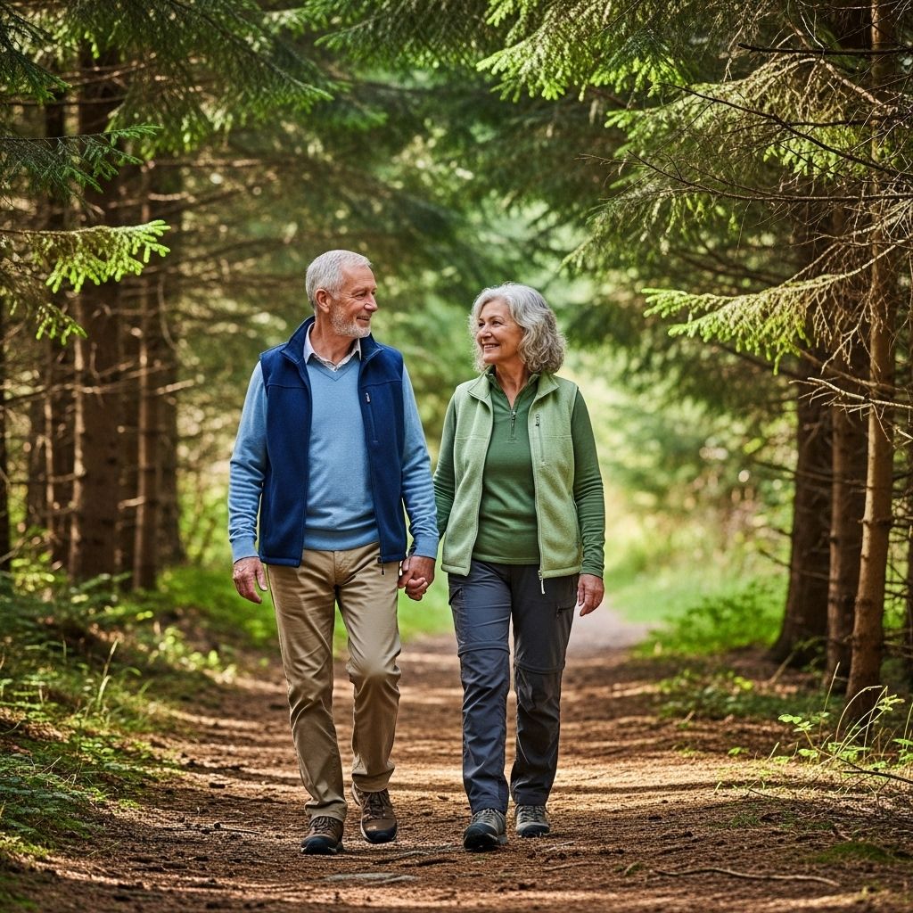 Starejši par, ki se sproščeno sprehaja po gozdni poti med jelkami, oblečen v lahka pohodniška oblačila v zeleni in modri barvi
