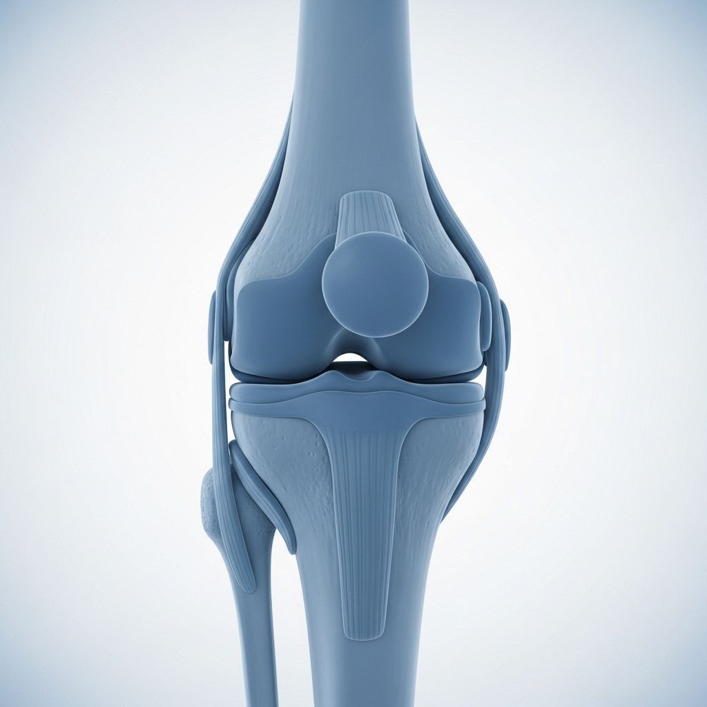 Poenostavljena izobraževalna ilustracija prereza kolenskega sklepa s prikazom kosti, hrustanca in vezi v nevtralnih modrih tonih na svetlem ozadju