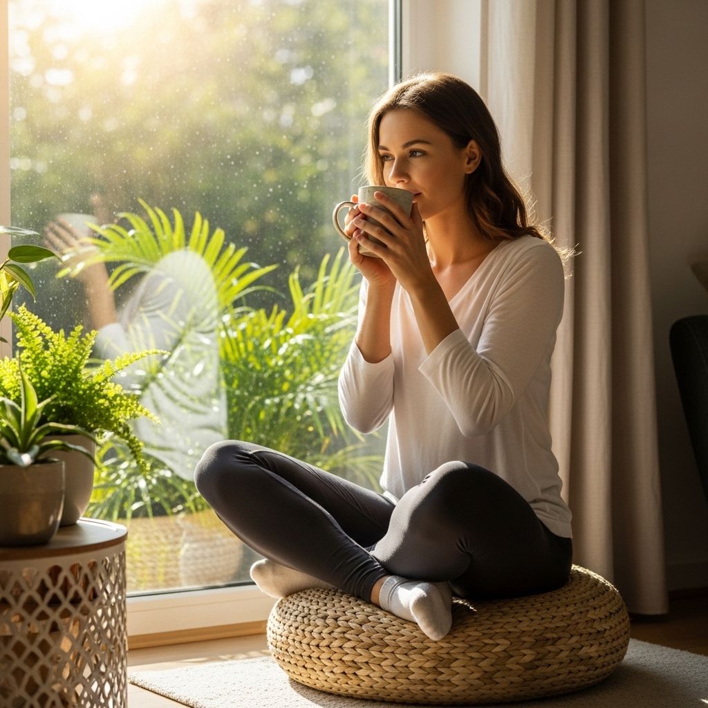 Mlada ženska v svetlih jutranjih urah sedi na meditacijski blazini ob oknu z zelenim rastlinjem in pije zeliščni čaj – simbol uravnoteženega življenjskega sloga