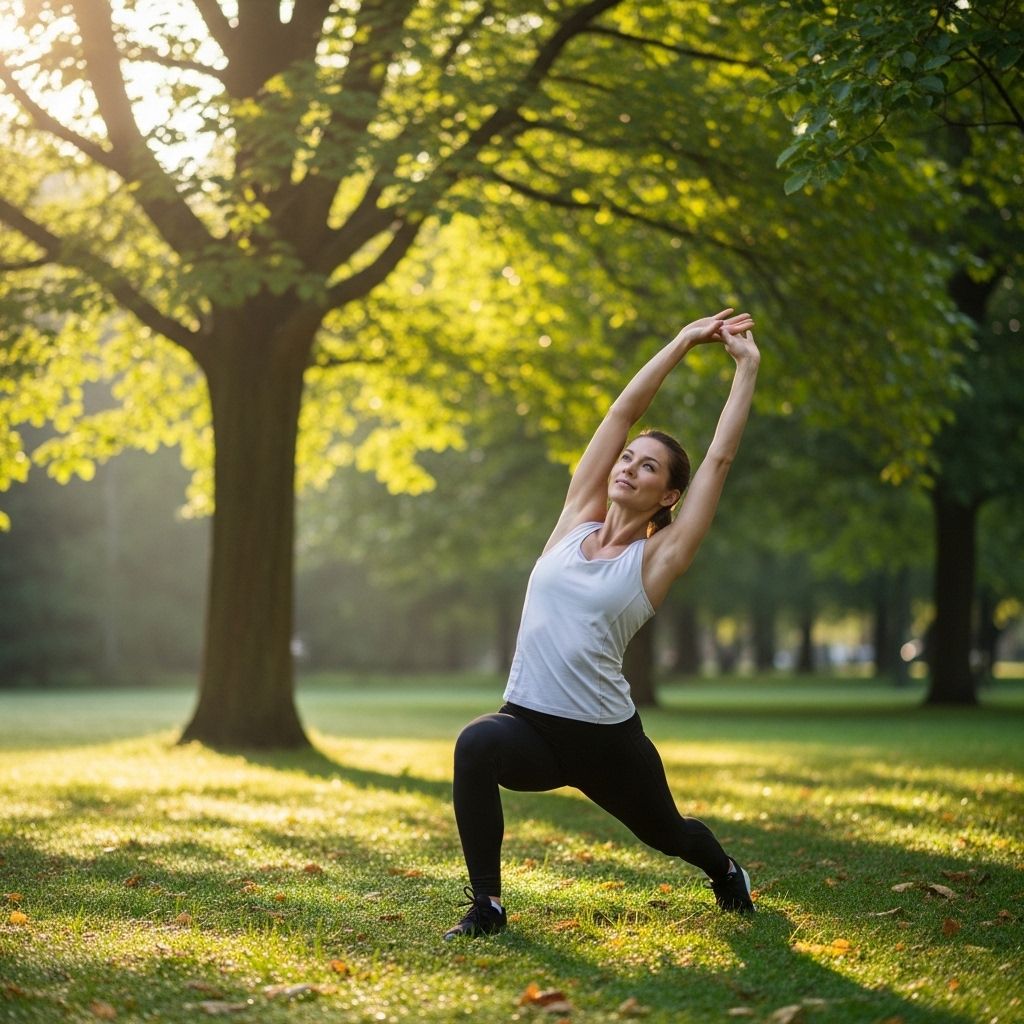 Aktivna ženska, ki se nežno razteza na svežem zraku v parku ob jutranjih urah, obkrožena z zelenim drevjem in sončno svetlobo