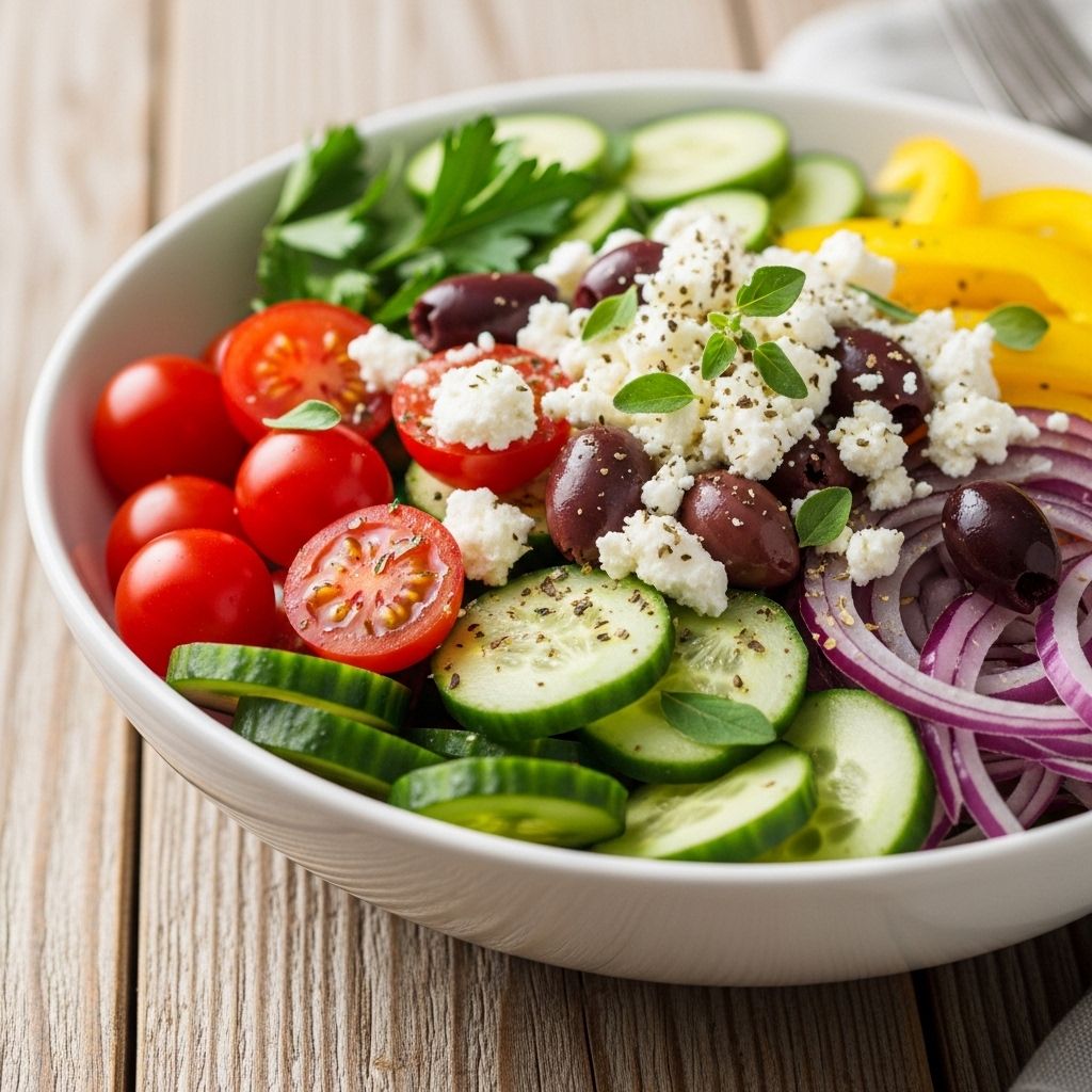 Pisana mediteranska jed z zelenjavo, feto, olivami in svežimi zelišči v beli skledi na leseni mizi – simbol uravnotežene in pestre prehrane