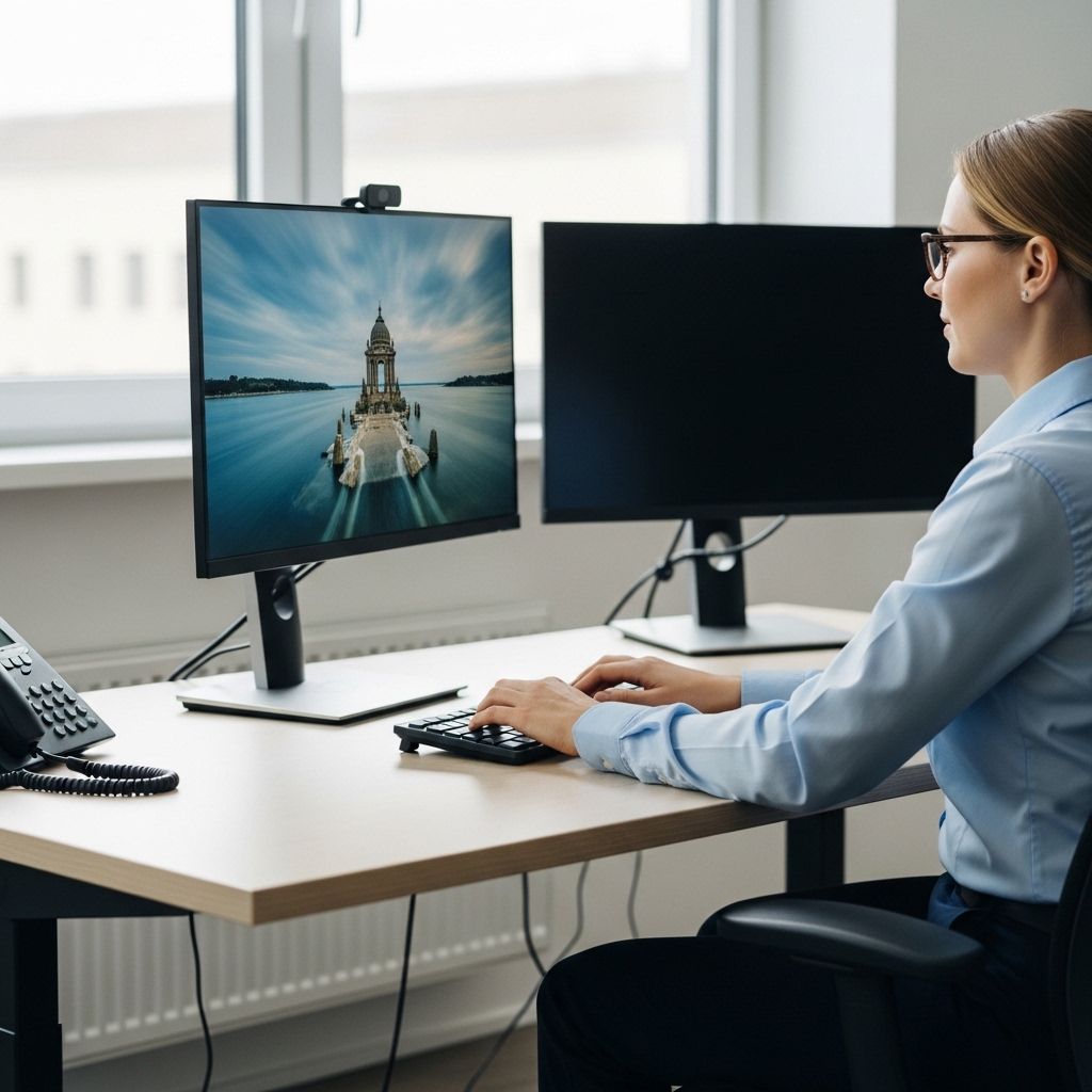 Oseba sedi pri ergonomsko nastavljenem pisalniškem mestu z ravno držo, pravilno postavljenimi rokami na tipkovnici in monitorjem v višini oči v svetlem pisarniške okolju