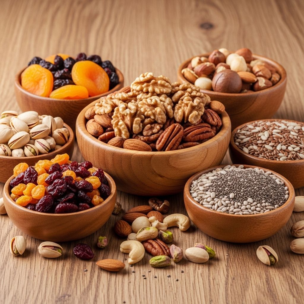 Različne oreščke, semena in suho sadje razporejeni v lesenih skledicah na rustikalnem hrastovem pultu – naravni vir mineralov za telo