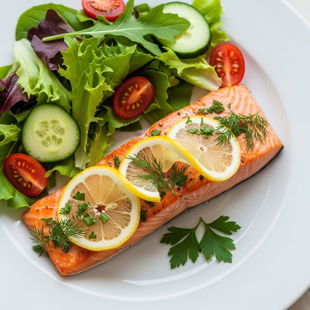 Sveža riba losos z limono in zelišči na belem krožniku, obkrožena s svežo zeleno solato – vir omega-3 maščobnih kislin