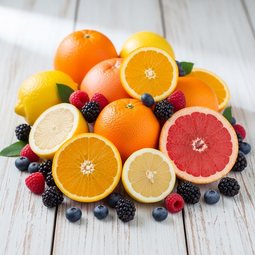 Razpored svežega citrusnega sadja, kot so pomaranče, limone in grejpfrut, ter jagodičevje na beli leseni površini – naravni vir vitamina C