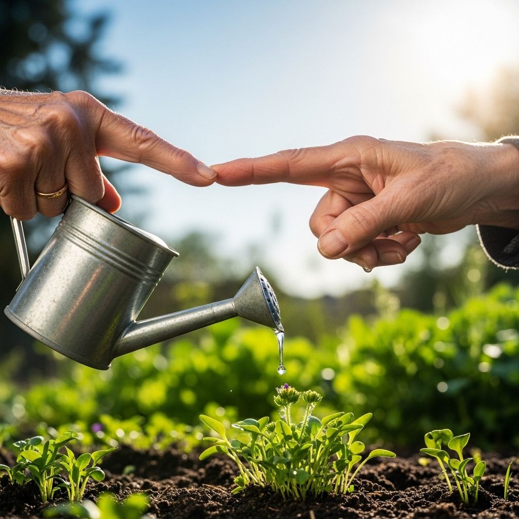 Bližnji pogled na roke starejše osebe, ki nežno drži vrtno zalivko in skrbi za rastline na sončnem vrtu – simbol aktivnega in zdravega življenjskega sloga